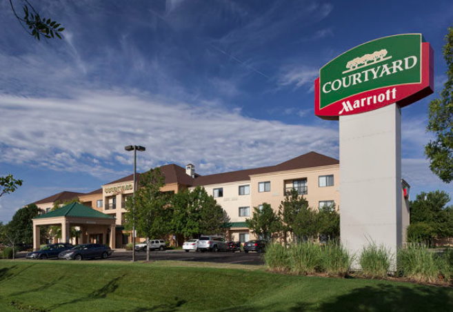 A front view of the Courtyard by Marriott near Bradley Fair.