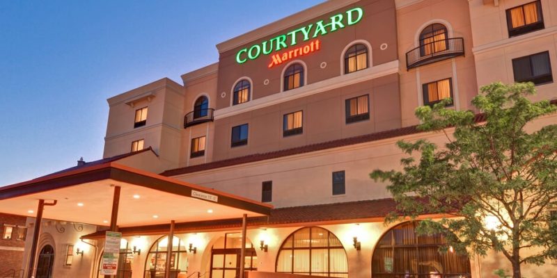 A front view of the Courtyard by Marriott near Old Town Wichita.