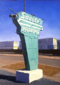 A painting titled, "The Nomar," of the famous Savute's Parking sign with a train in the background. By local artist Bill Goffrier.