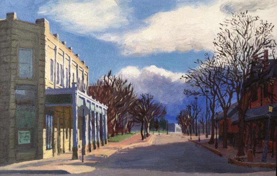 A painting of a street with buildings on both sides by local artist Bill Goffrier called, “Douglas and Mead."